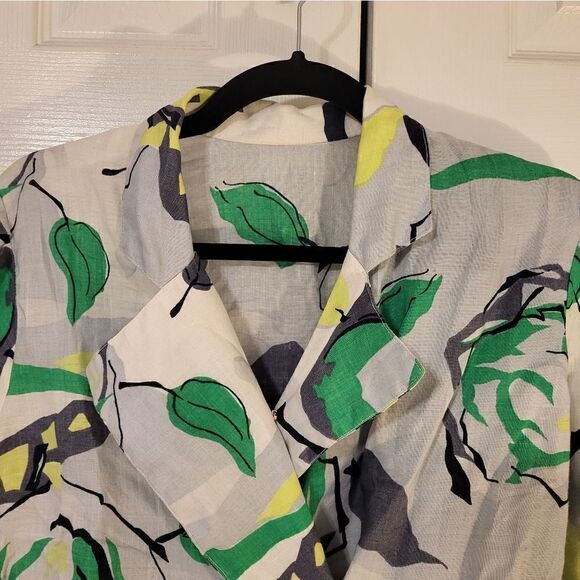 NWT Community snap button-down half sleeve green/white/yellow design blouse - Picture 2 of 8
